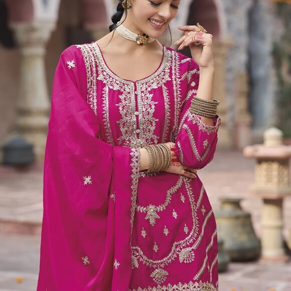 Designer Pink Pakistani Wedding Wear Chinon Silk Embroidered Palazzo Suit - Picture 4 of 4